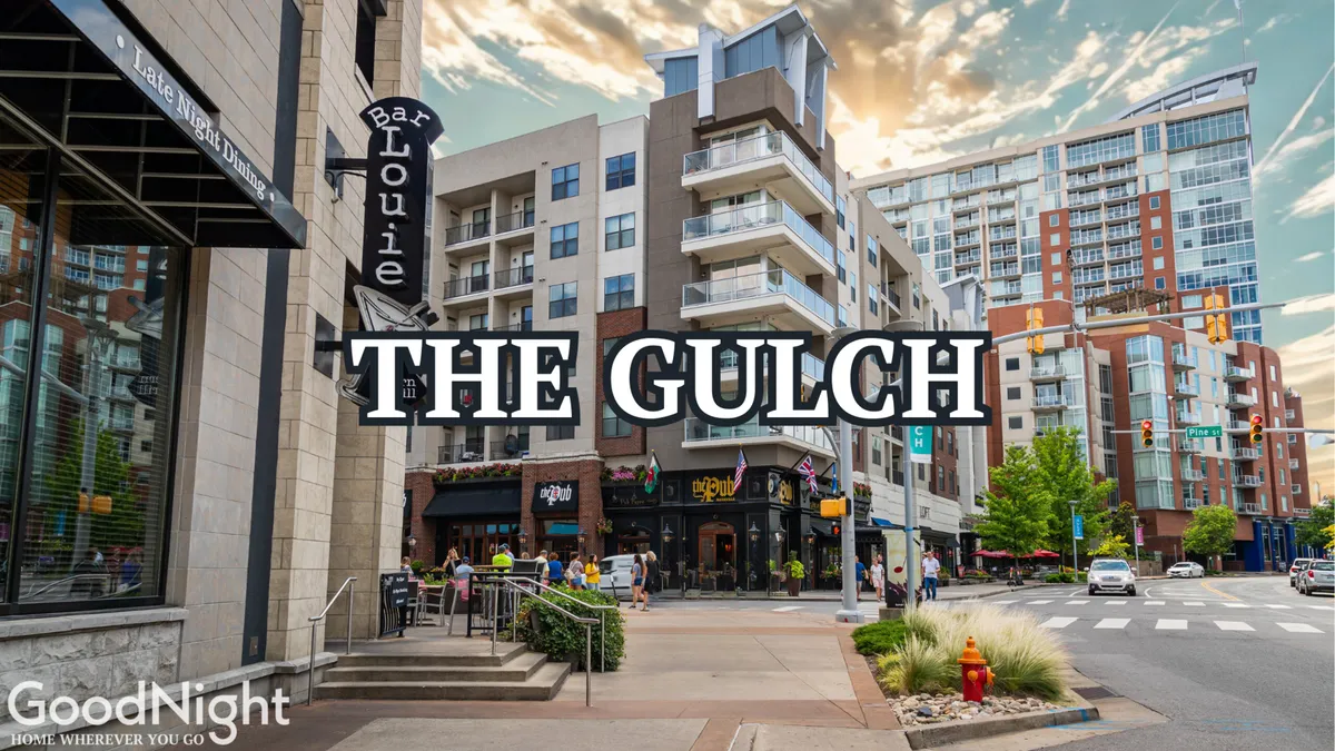 A bustling Midtown streetscape with Bar Louie signage, modern apartment buildings, and people dining, shopping, and socializing. The scene captures the energy of neighborhood life, highlighting local dining and vibrant street activity.
