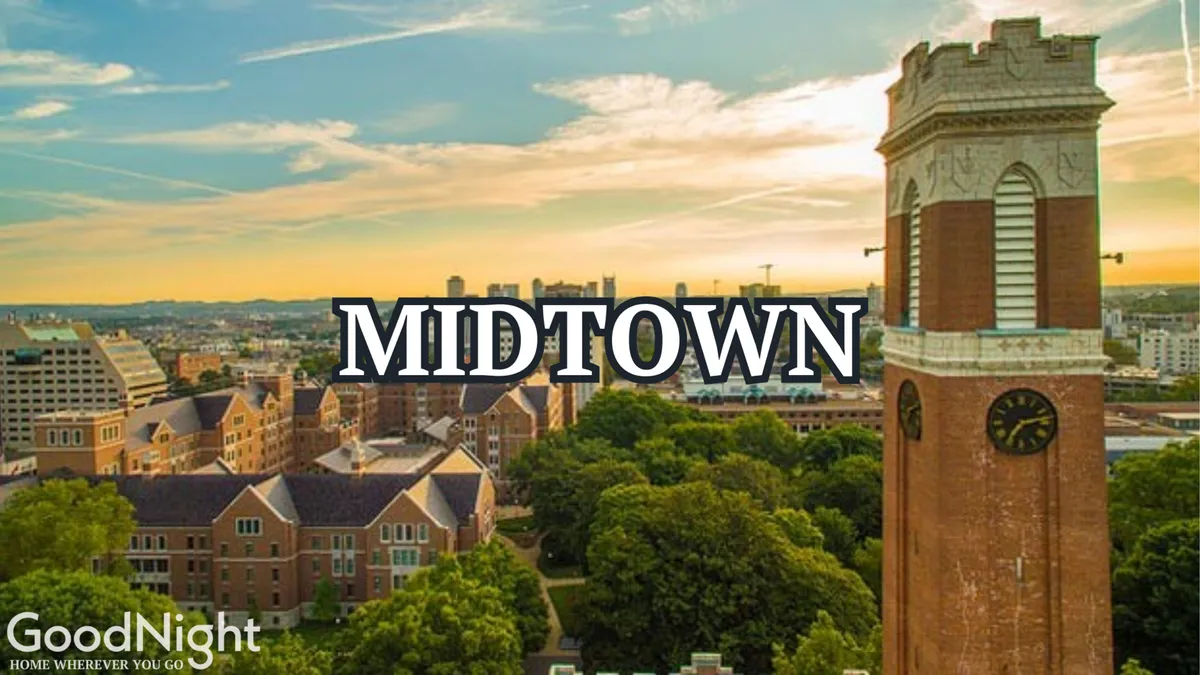 A historic clock tower rises above lush greenery and distinctive architecture, conjuring a sense of discovery and contemplative walks. The scene is inviting and picturesque, perfect for a romantic stroll through Midtown's evolving landscape.
