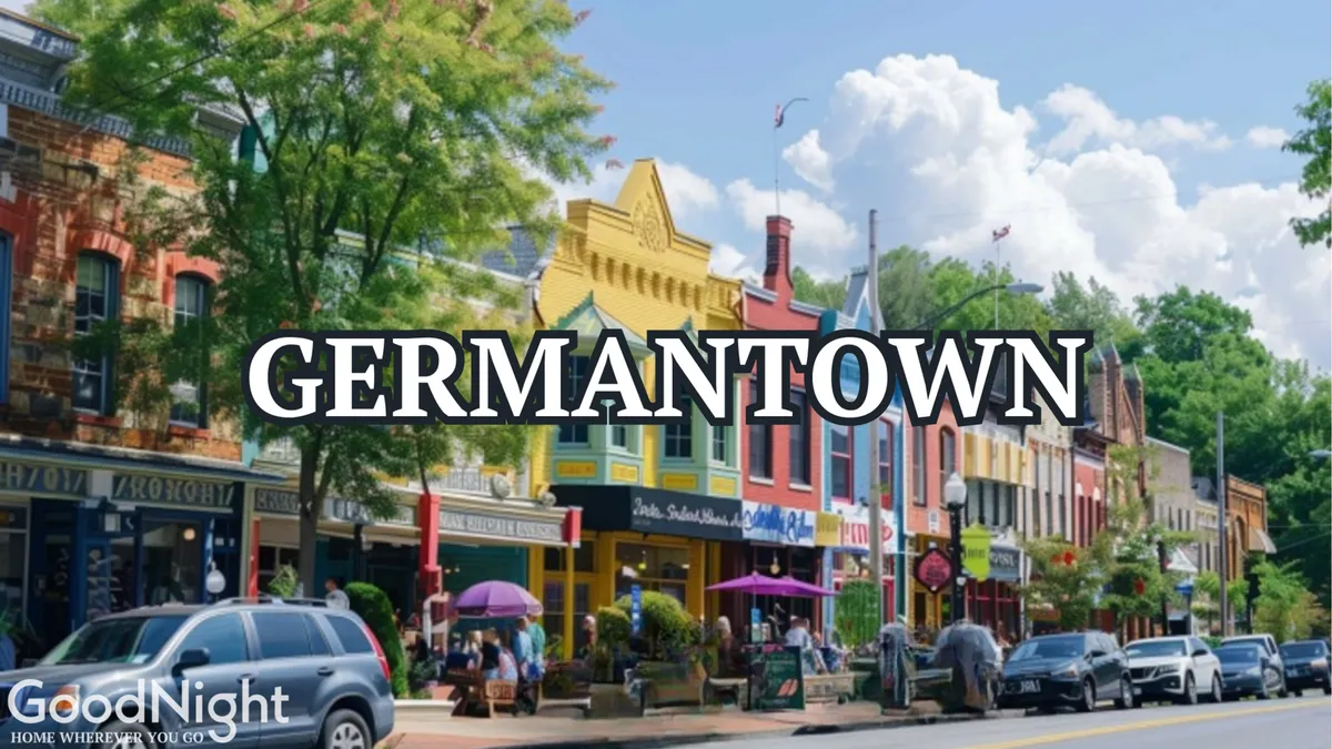 A vibrant city street scene featuring colorful storefronts, groups of people enjoying the outdoors, and green trees lining the sidewalks. The atmosphere is lively and inviting, capturing the spirit of exploration and urban discovery.