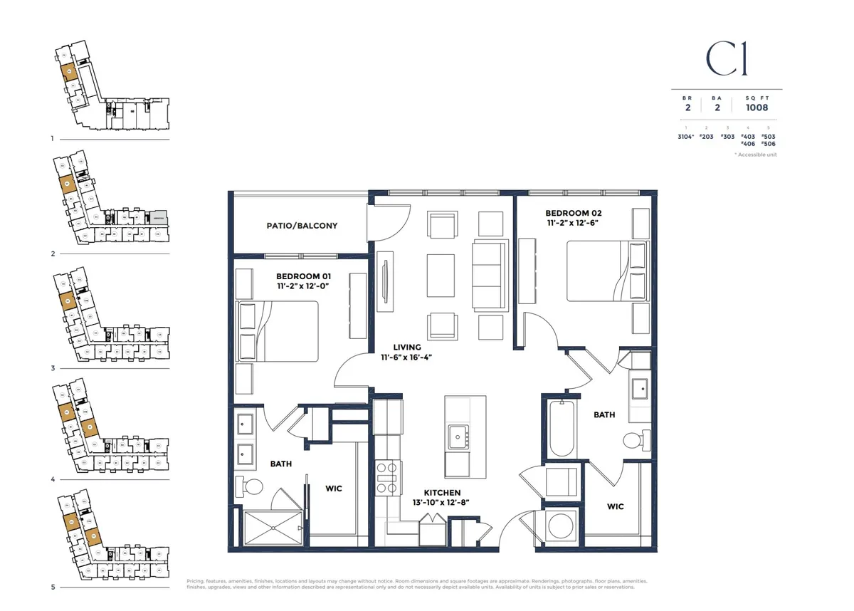 This image showcases an inviting open-plan living area that flows seamlessly into a modern kitchen and a patio/balcony. There is a chic sectional sofa, a smart TV, and expansive windows that allow in ample daylight, as well as a glimpse of outdoor living space. The kitchen area is visible with stainless steel appliances and bar seating.
