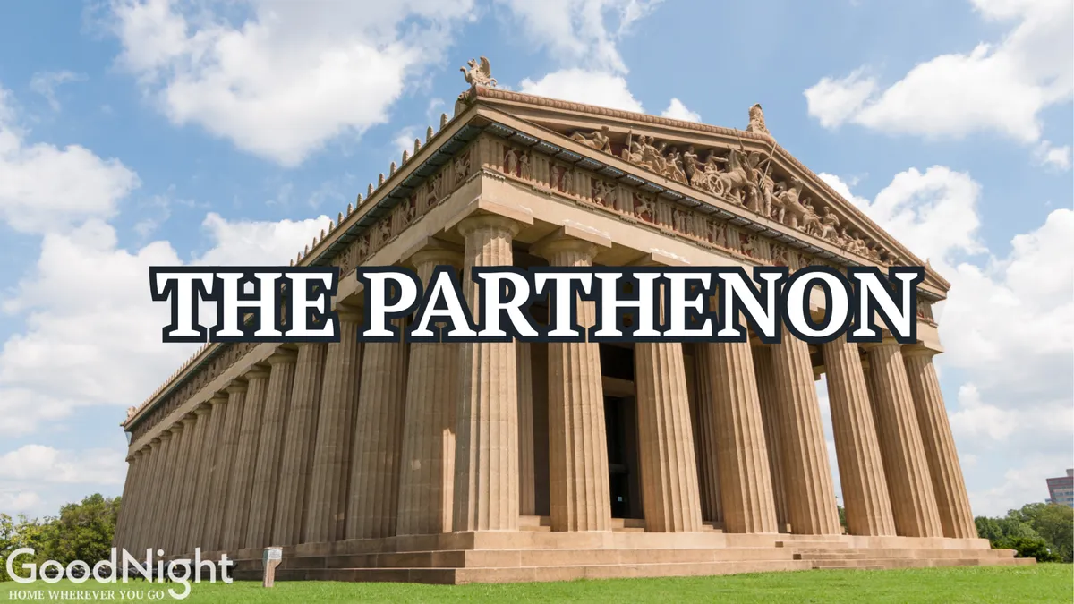 The iconic Parthenon structure in Centennial Park, surrounded by lush greenery and open space. The grand columns and historic architecture stand out as a unique Nashville landmark, perfect for leisurely strolls or art walks.